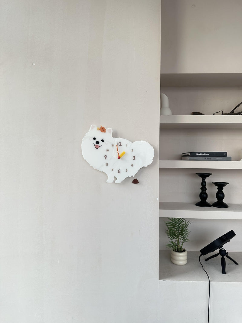 Pomeranian pendulum wall clock in a home setting 2