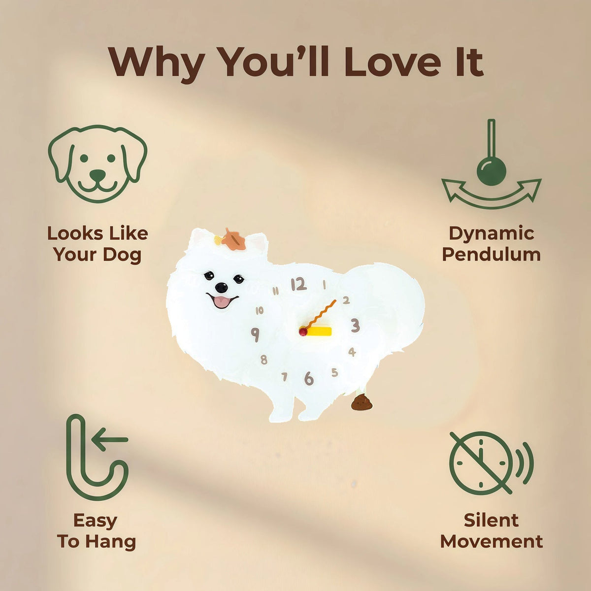 Pomeranian wall clock features: dog design, swinging pendulum, wall hooks and silent movement