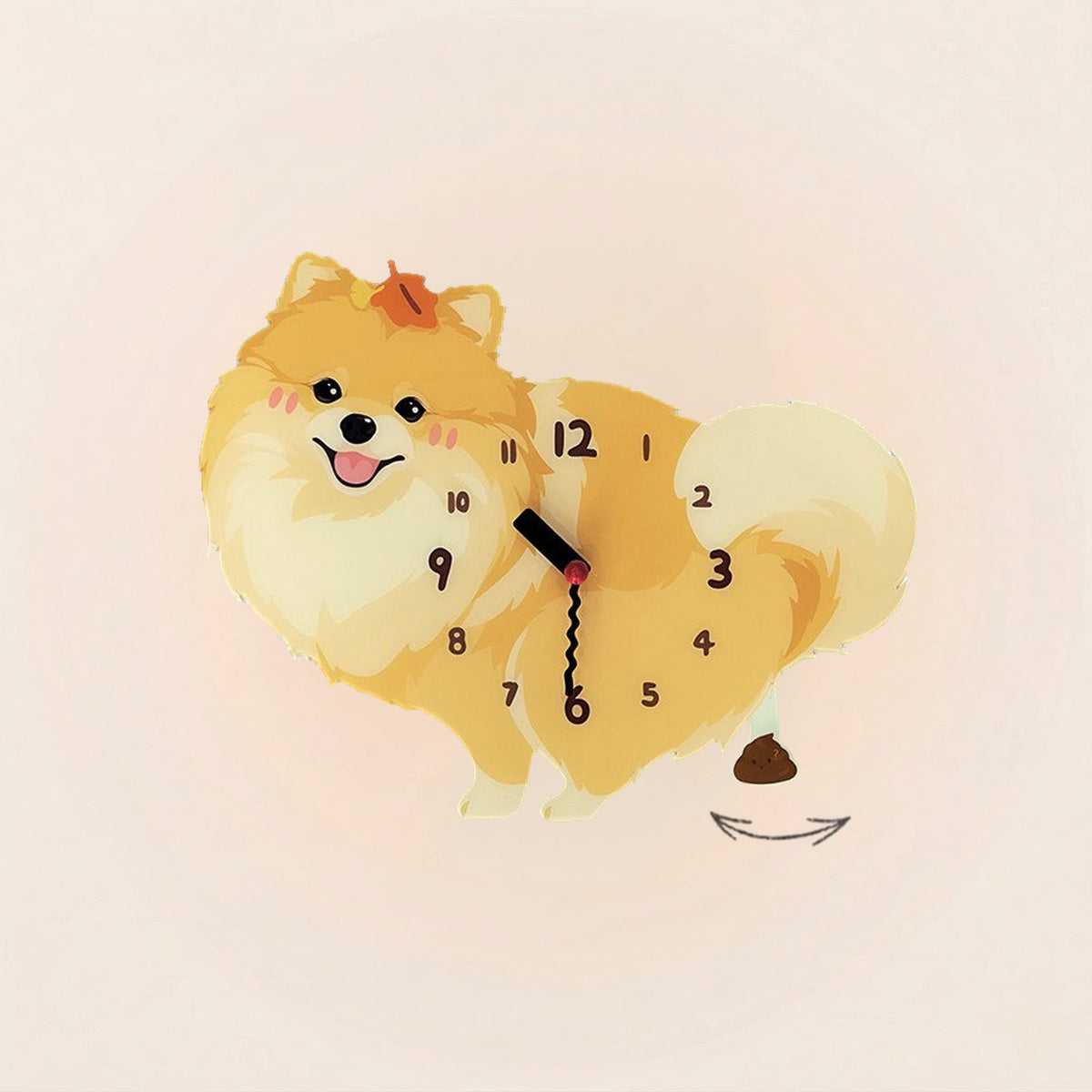 Pomeranian Poop-Time wall clock in Orange with swinging poop pendulum
