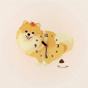 Pomeranian Poop-Time wall clock in Orange with swinging poop pendulum