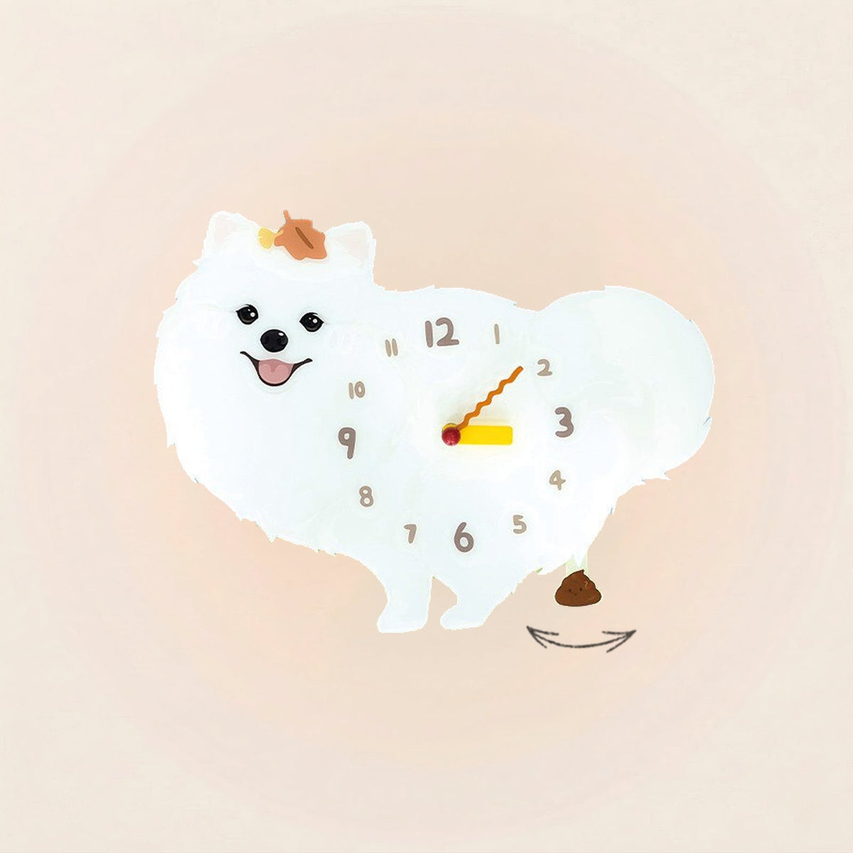 Pomeranian Poop-Time wall clock in White with swinging poop pendulum