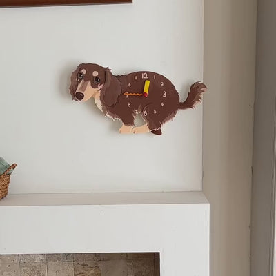Long-Haired Dachshund “Poop-Time” Wall Clock with Swinging Pendulum product video