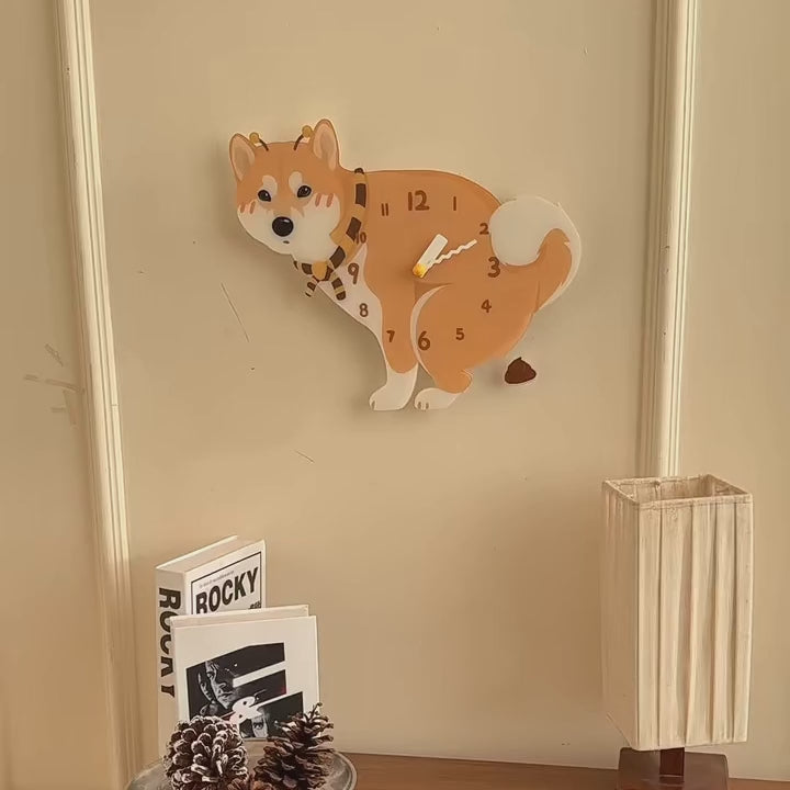 Shiba Inu “Poop-Time” Wall Clock with Swinging Pendulum product video