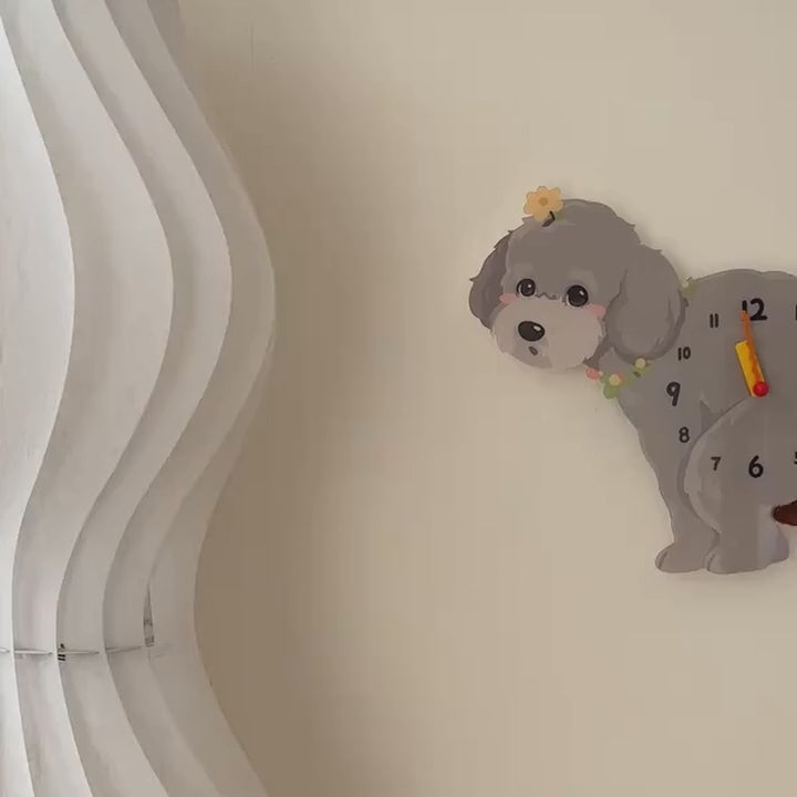 Gray Teddy Poodle Poop-Time wall clock with swinging pendulum