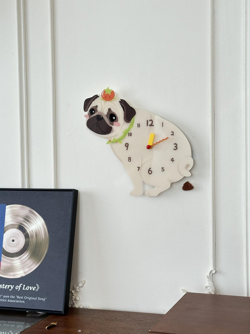 Pug pendulum wall clock in a home setting 1