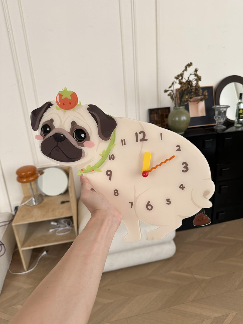 Pug pendulum wall clock in a home setting 2
