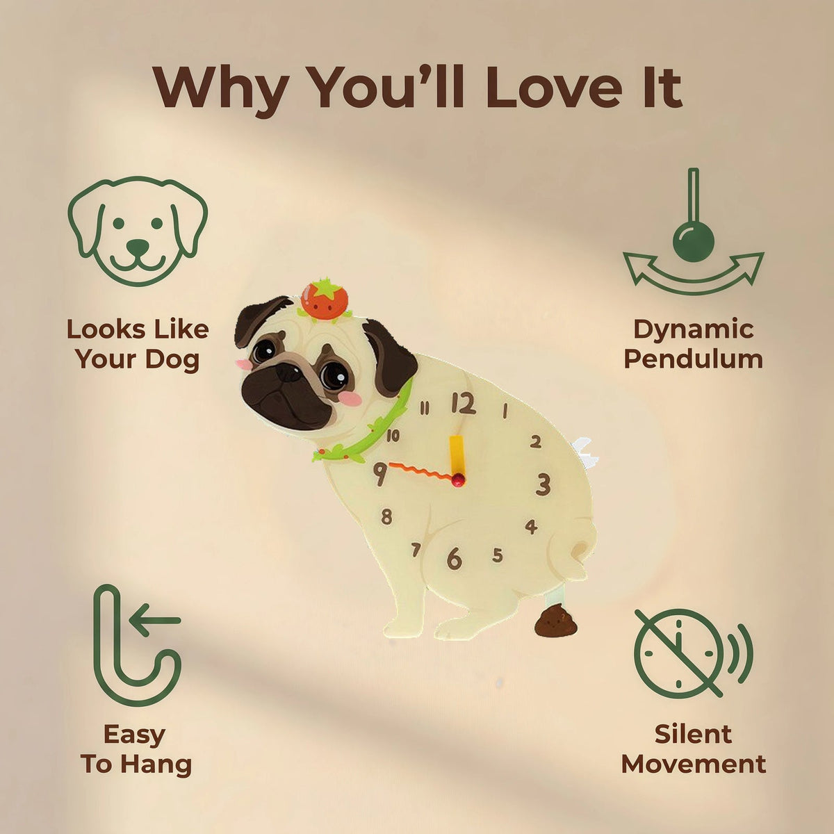 Pug wall clock features: dog design, swinging pendulum, wall hooks and silent movement