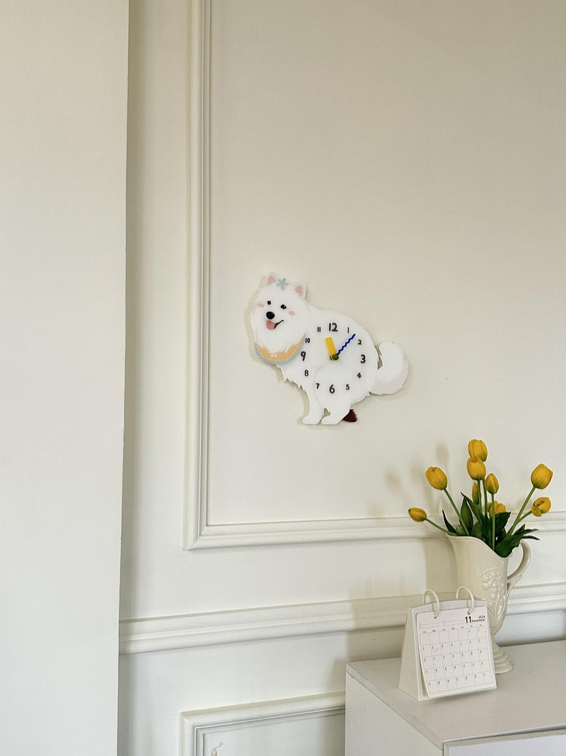 Samoyed pendulum wall clock in a home setting 2