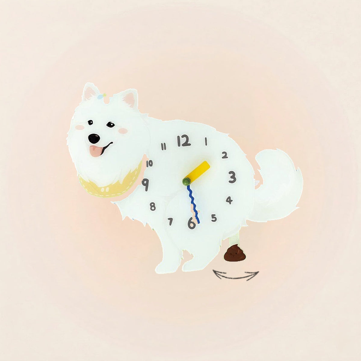 Samoyed Poop-Time wall clock in White with swinging poop pendulum