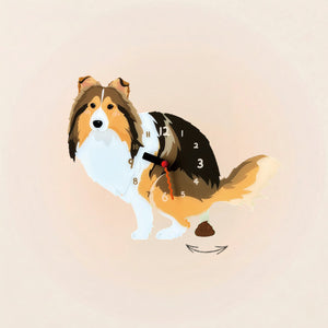 Shetland Sheepdog Poop-Time wall clock in Sable & White with swinging poop pendulum