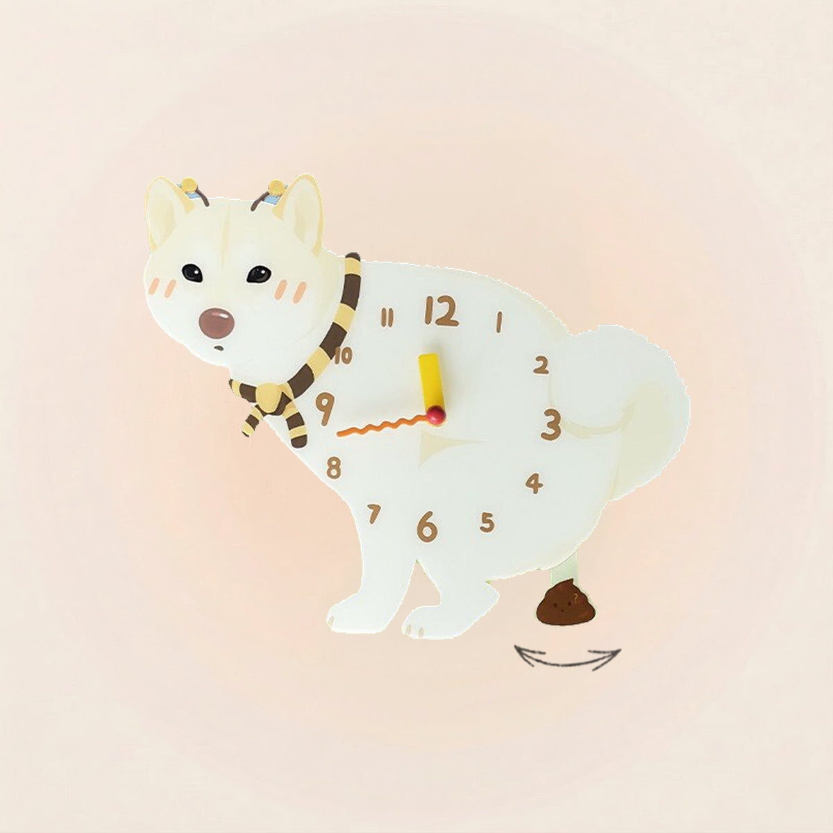 Shiba Inu Poop-Time wall clock in Cream with swinging poop pendulum