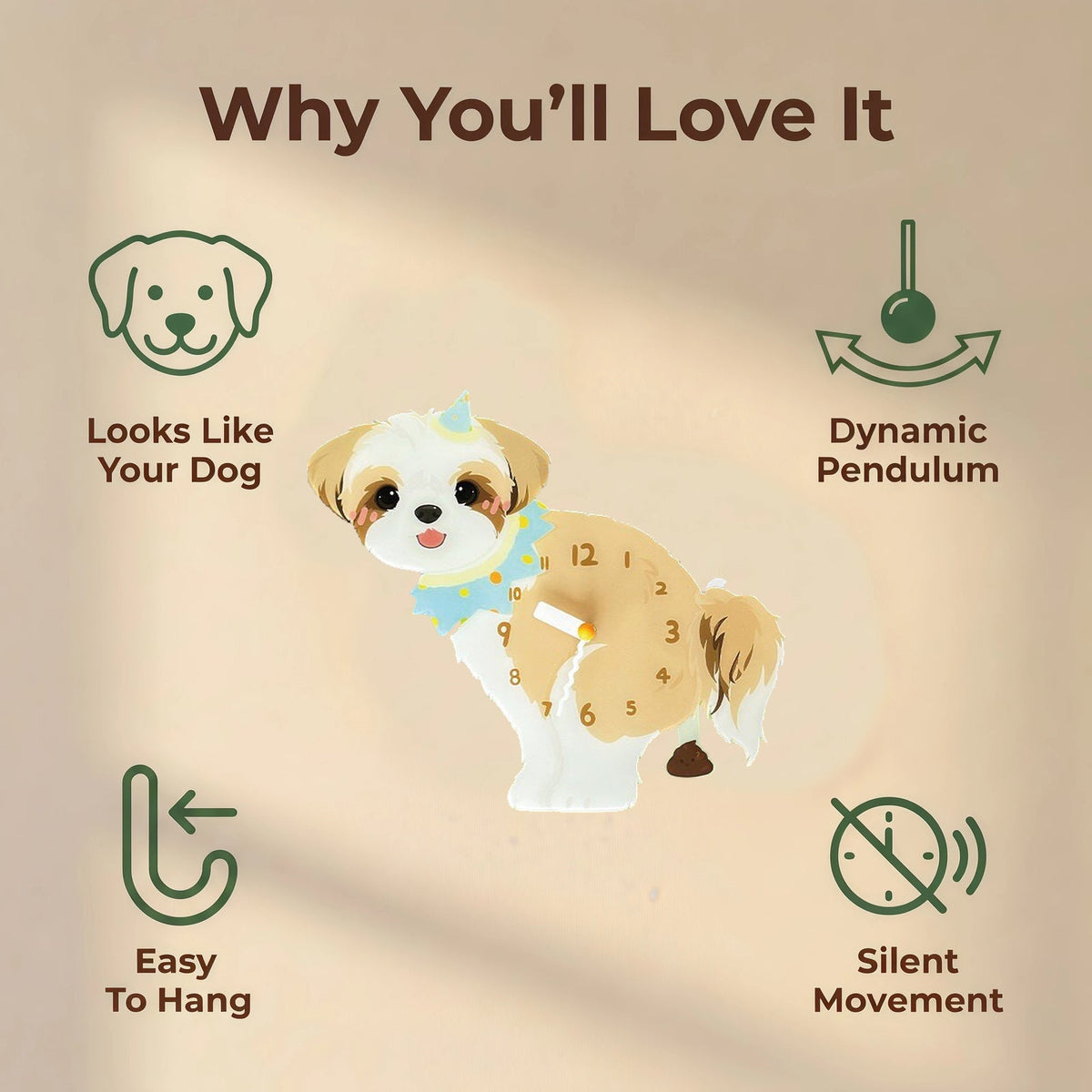 Shih Tzu wall clock features: dog design, swinging pendulum, wall hooks and silent movement