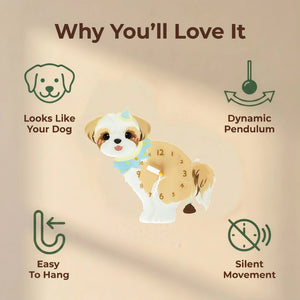 Shih Tzu wall clock features: dog design, swinging pendulum, wall hooks and silent movement