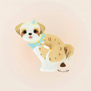 Shih Tzu Poop-Time wall clock in Gold & White with swinging poop pendulum