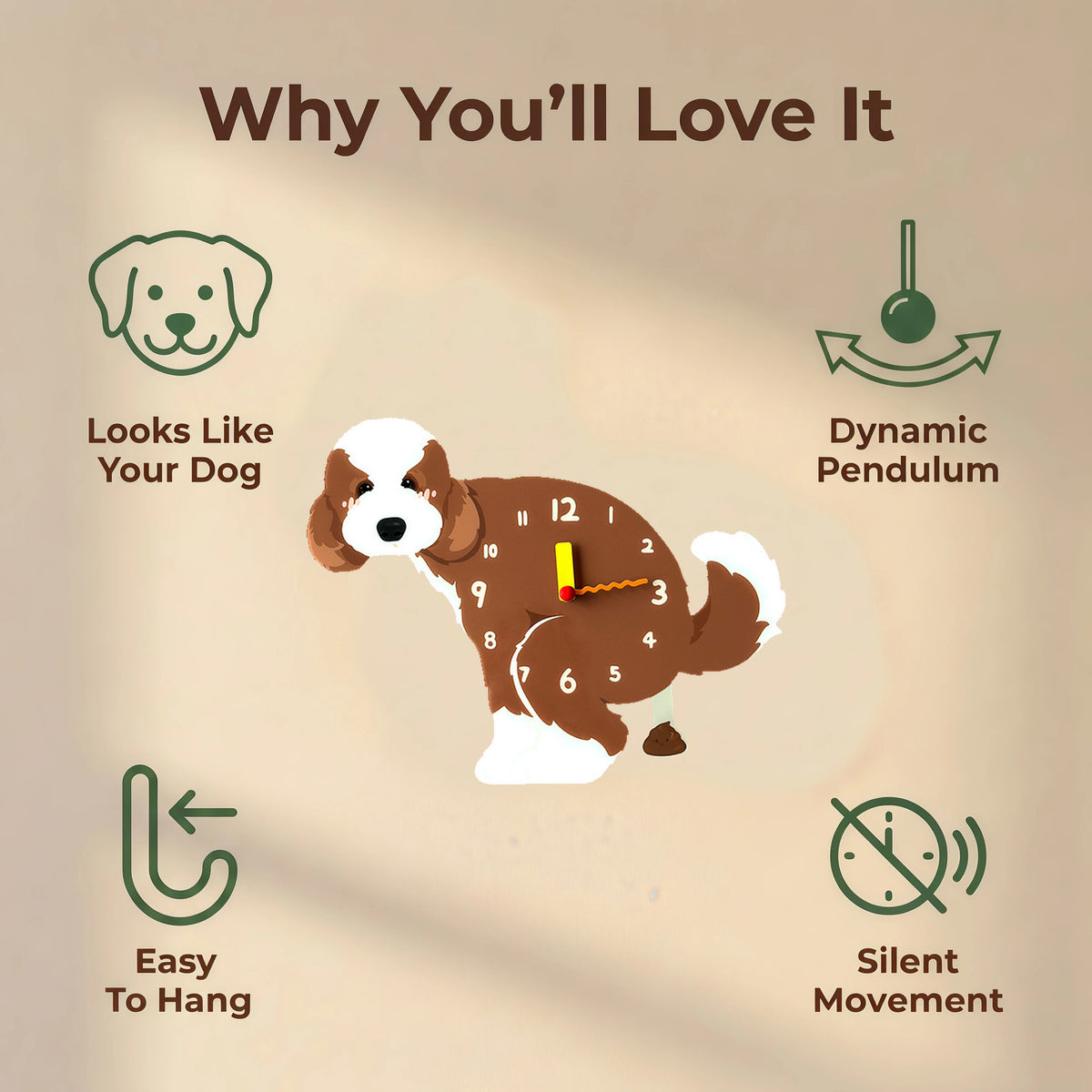 Standard Poodle wall clock features: dog design, swinging pendulum, wall hooks and silent movement