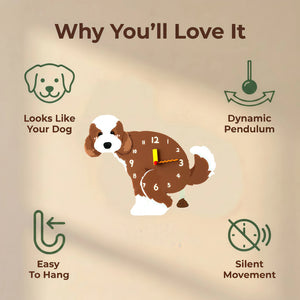 Standard Poodle wall clock features: dog design, swinging pendulum, wall hooks and silent movement