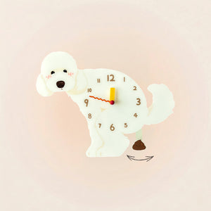 Standard Poodle Poop-Time wall clock in White with swinging poop pendulum