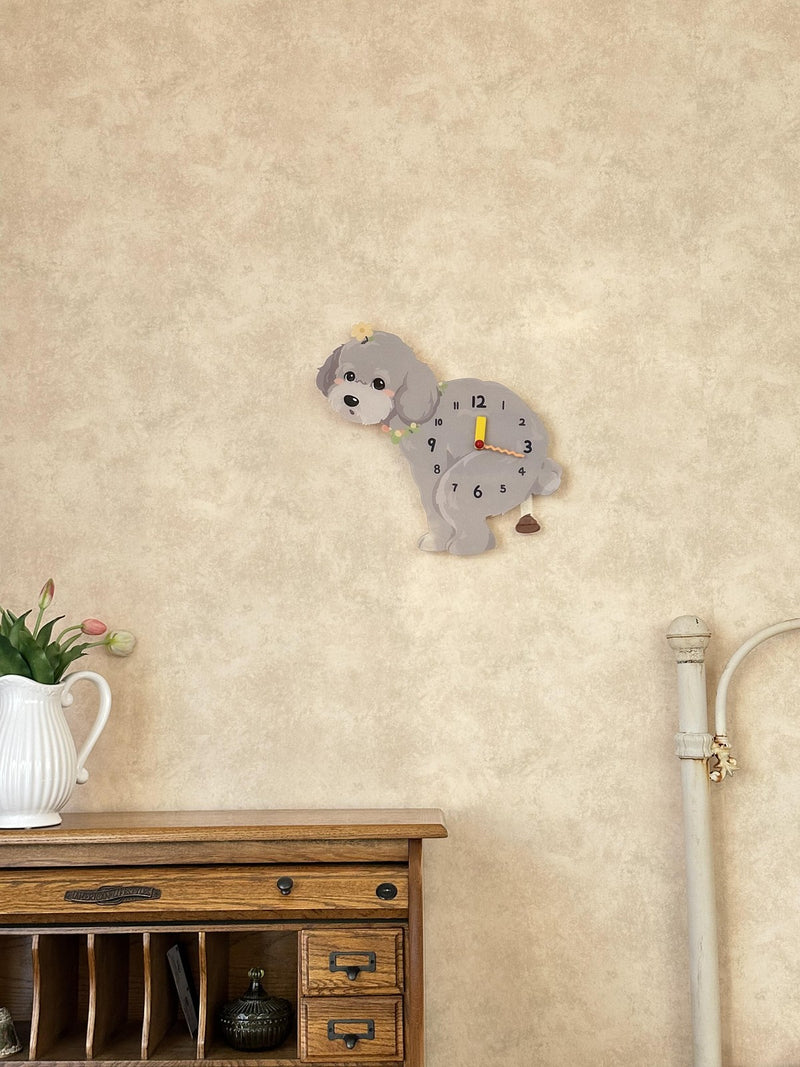 Teddy Poodle Poop-Time pendulum wall clock in a home setting 3