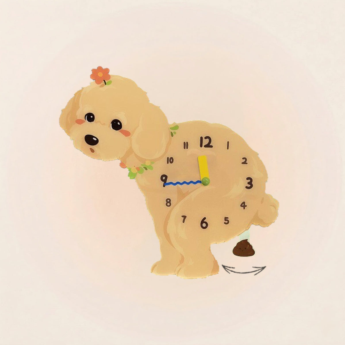 Teddy Poodle Poop-Time wall clock in Apricot with swinging poop pendulum