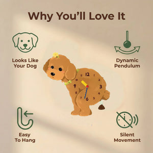 Teddy Poodle wall clock features: dog design, swinging pendulum, wall hooks and silent movement