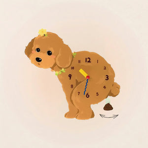 Teddy Poodle Poop-Time wall clock in Brown with swinging poop pendulum