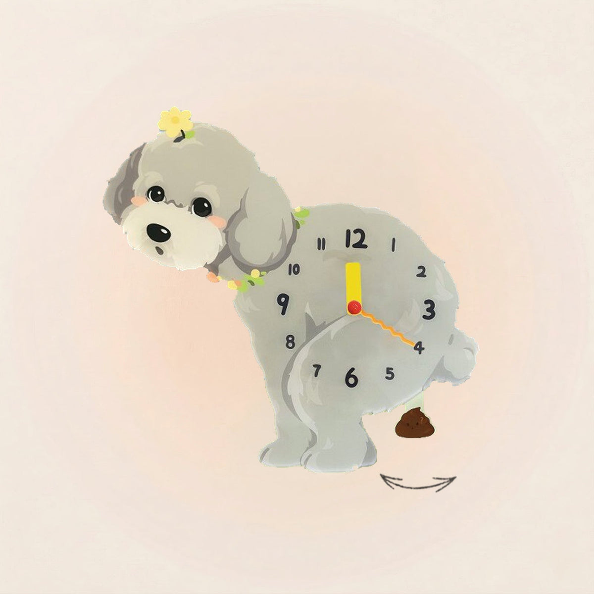 Teddy Poodle Poop-Time wall clock in Gray with swinging poop pendulum