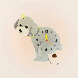 Teddy Poodle Poop-Time wall clock in Gray with swinging poop pendulum