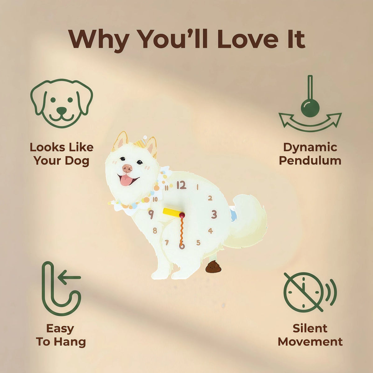 Tusong (Chinese Spitz) wall clock features: dog design, swinging pendulum, wall hooks and silent movement