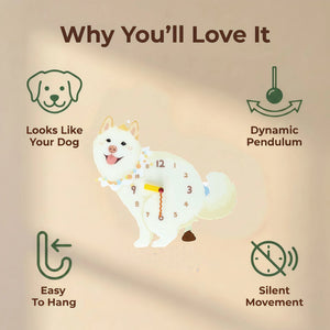 Tusong (Chinese Spitz) wall clock features: dog design, swinging pendulum, wall hooks and silent movement