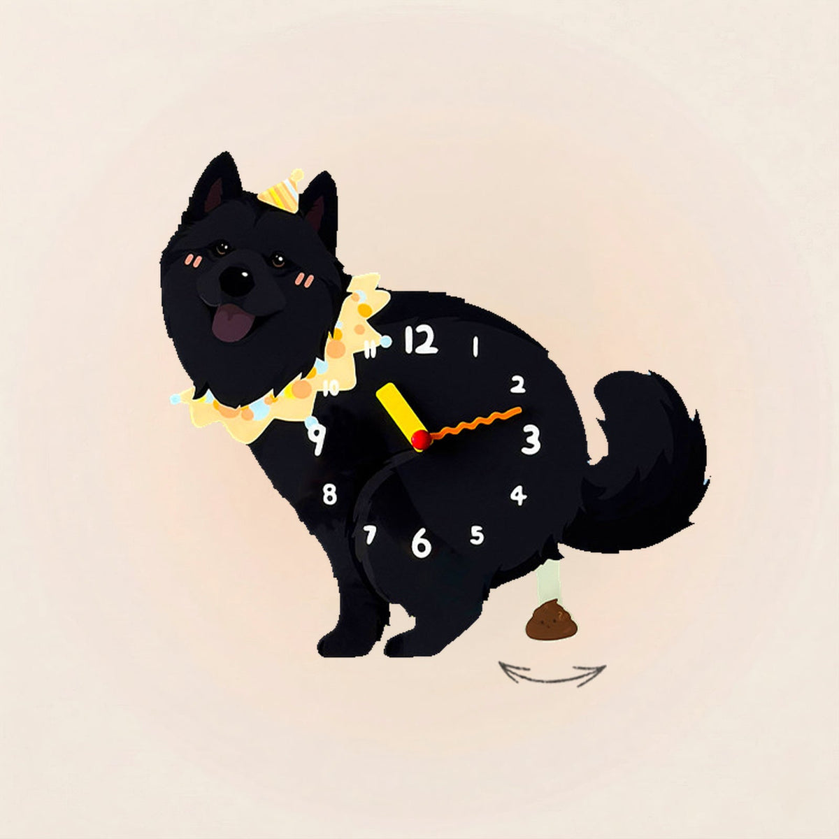 Tusong (Chinese Spitz) Poop-Time wall clock in Black with swinging poop pendulum