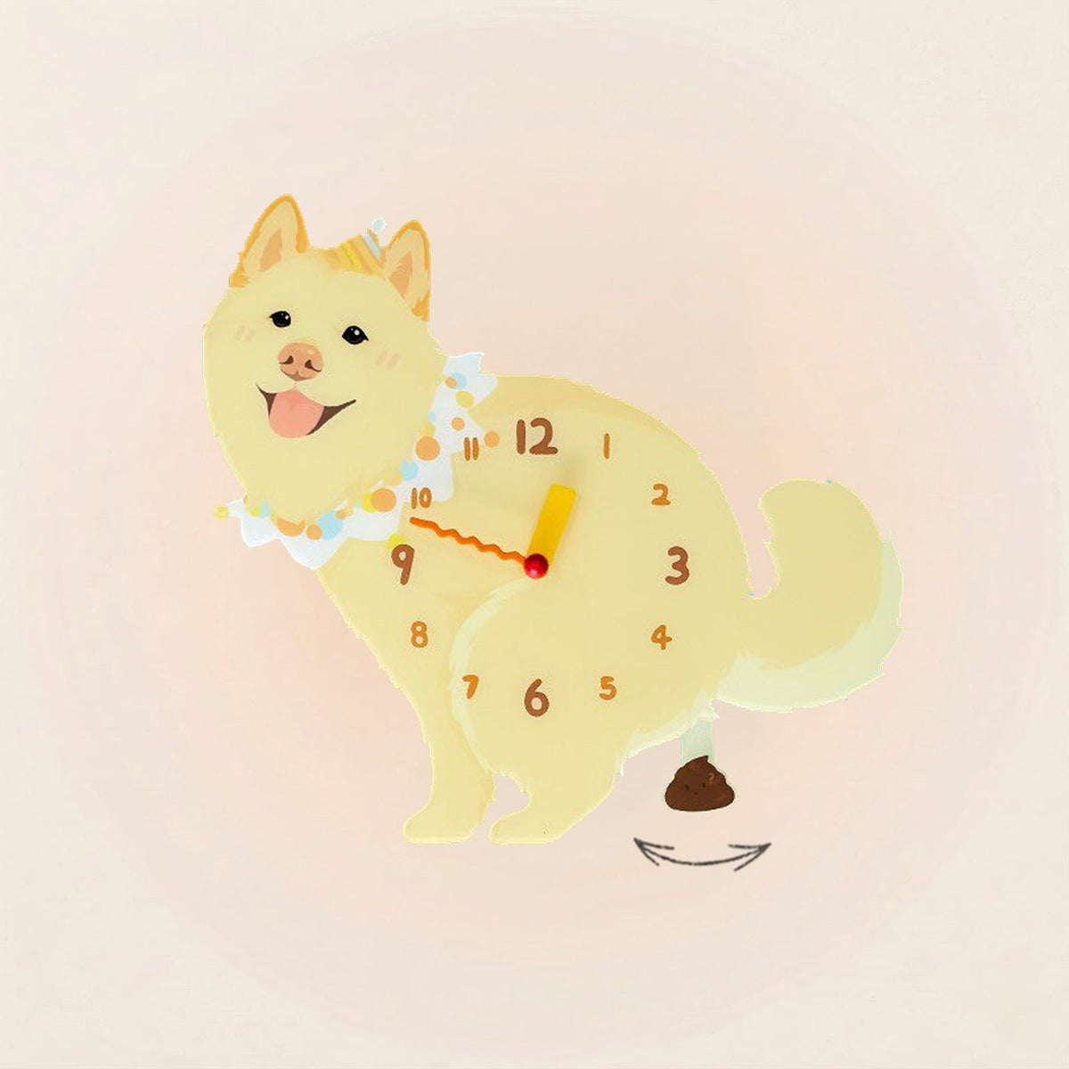 Tusong (Chinese Spitz) Poop-Time wall clock in Golden with swinging poop pendulum