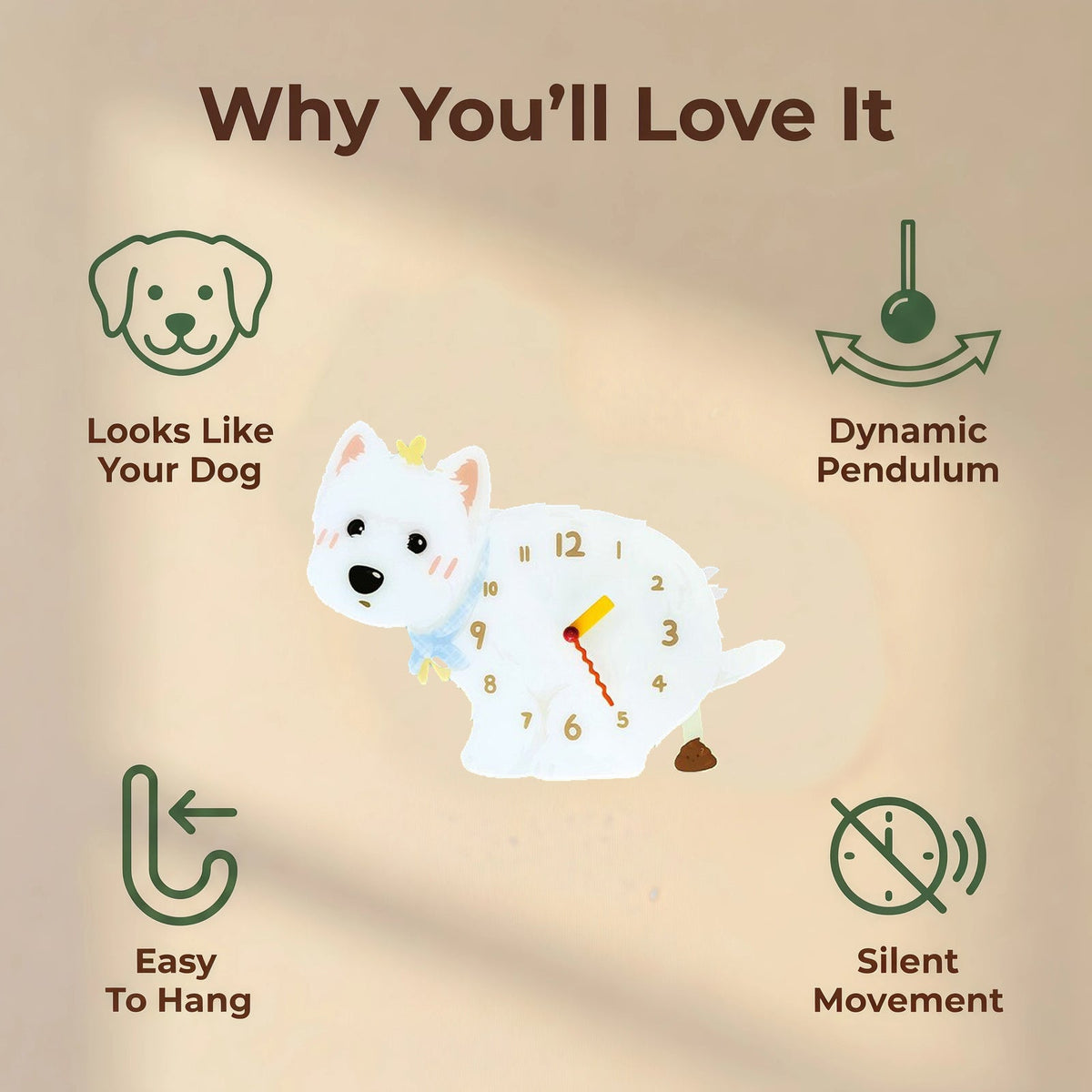 West Highland White Terrier wall clock features: dog design, swinging pendulum, wall hooks and silent movement