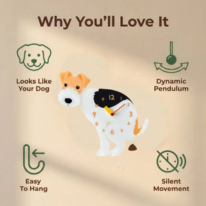 Wire Fox Terrier wall clock features: dog design, swinging pendulum, wall hooks and silent movement