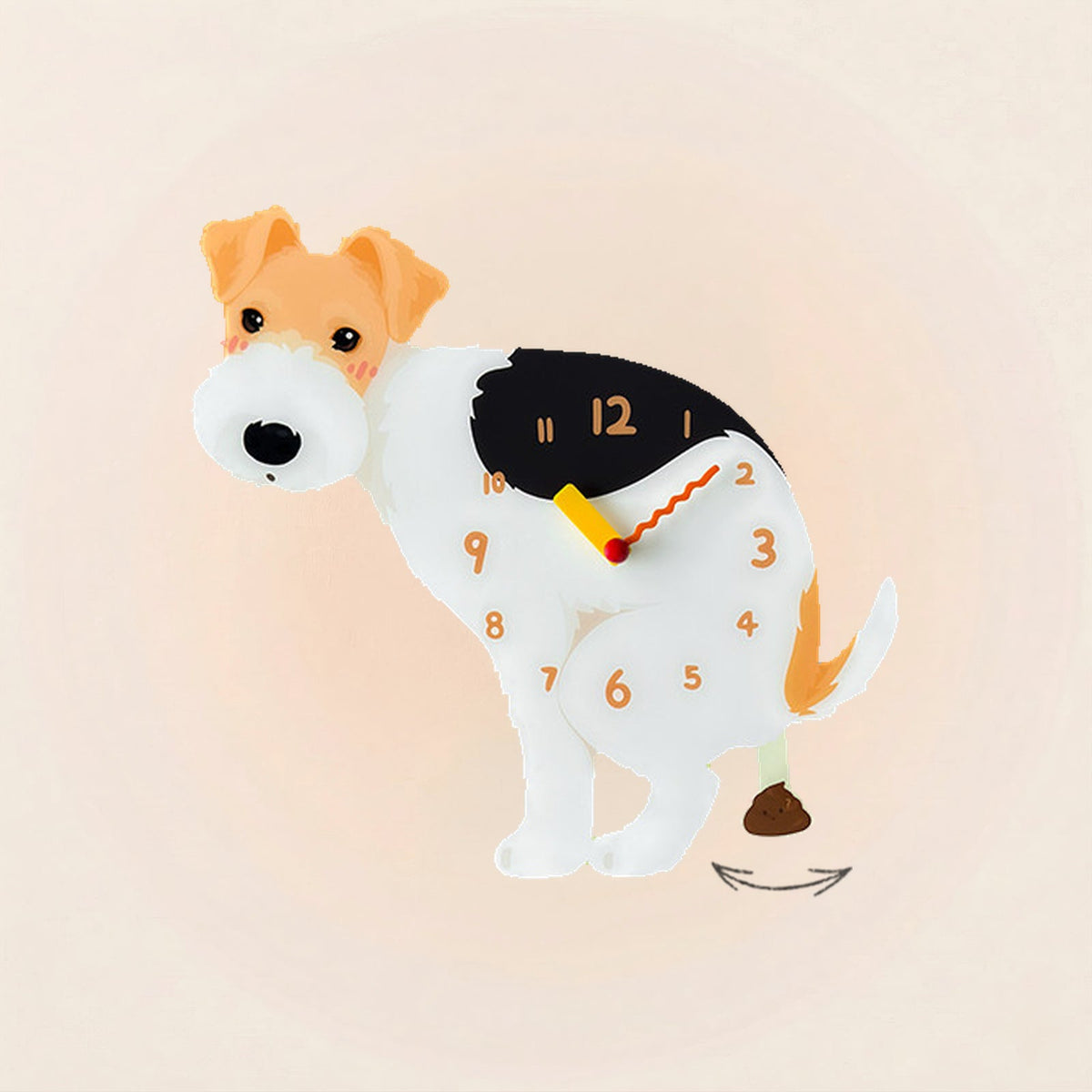 Wire Fox Terrier Poop-Time wall clock in Tricolor with swinging poop pendulum