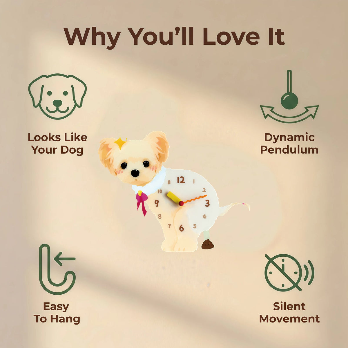 Yorkshire Terrier wall clock features: dog design, swinging pendulum, wall hooks and silent movement