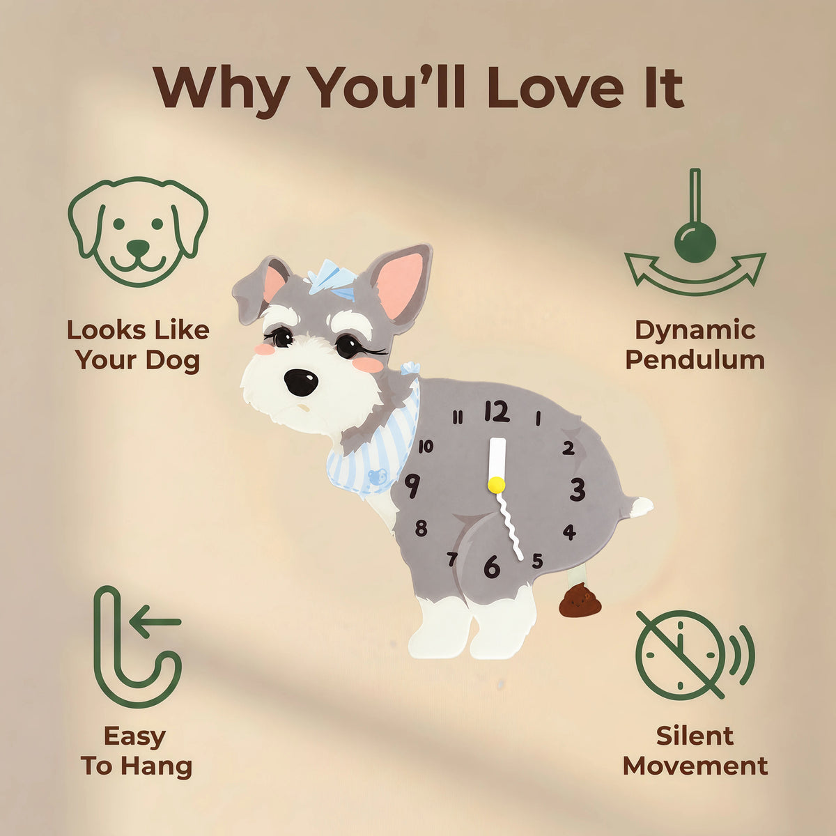 Schnauzer wall clock features: swinging pendulum, quiet movement and wall hooks included