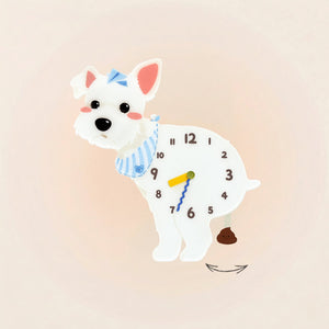 White Schnauzer Poop-Time wall clock with a swinging poop pendulum